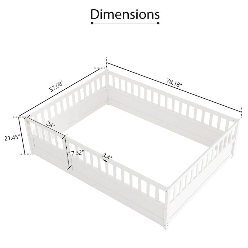 Cadre de lit enfant au sol complet gris/blanc avec barrière de sécurité et porte, pour 1 enfant