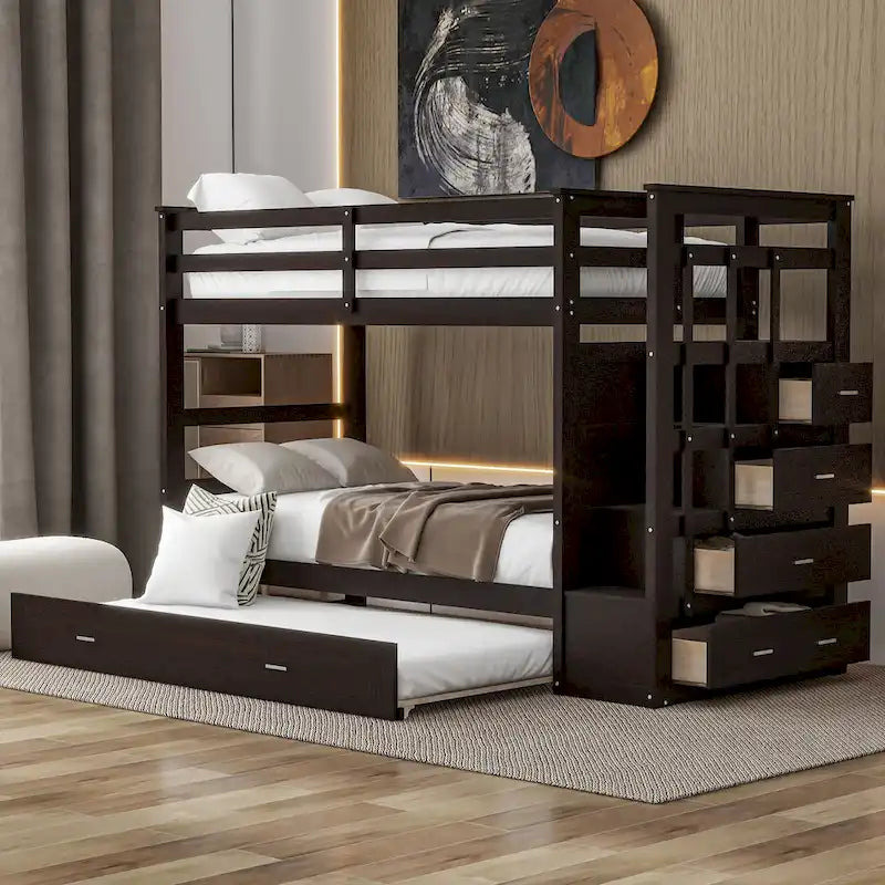 Twin Over Twin Bunk Bed Frame with Trundle and Staircase,for Girls Boys Teens,No Box Spring Needed