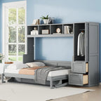 Full Size Murphy Wall Bed Frame with Closet and Drawers Space-Saving Design for Kids Boys&Girls