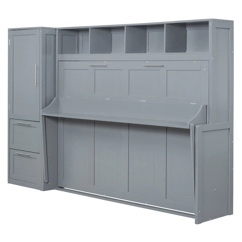 Lit mural escamotable pleine grandeur avec armoire et tiroirs, gris/blanc, enfants garçons et filles, 1 personne