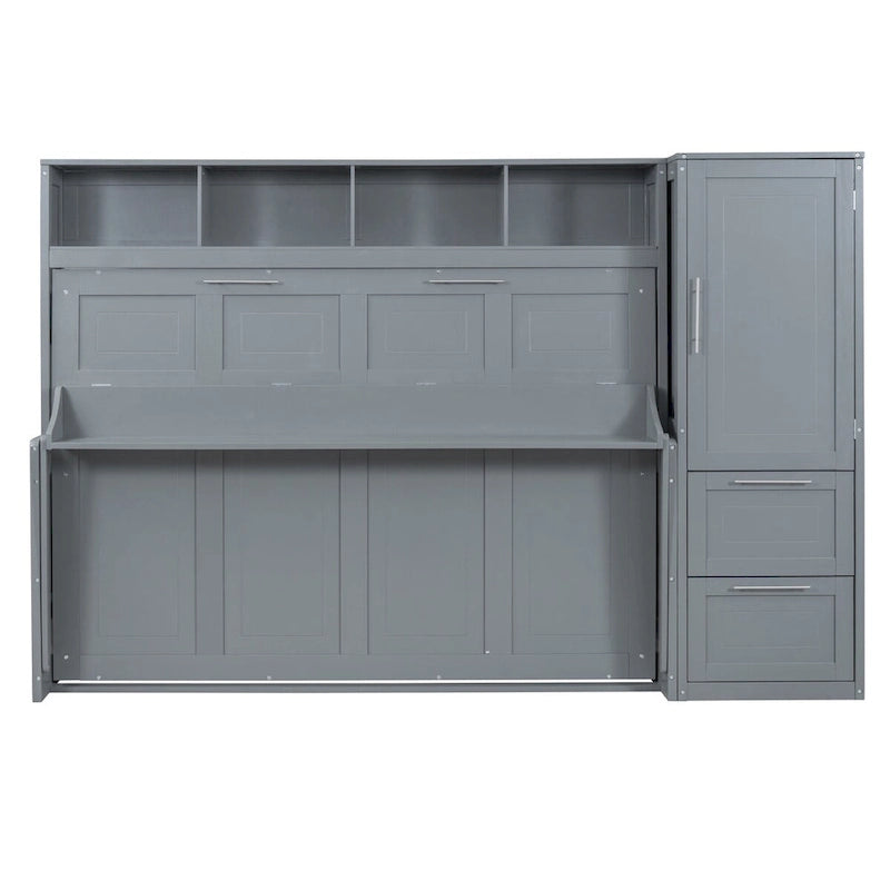 Lit mural escamotable pleine grandeur avec armoire et tiroirs, gris/blanc, enfants garçons et filles, 1 personne