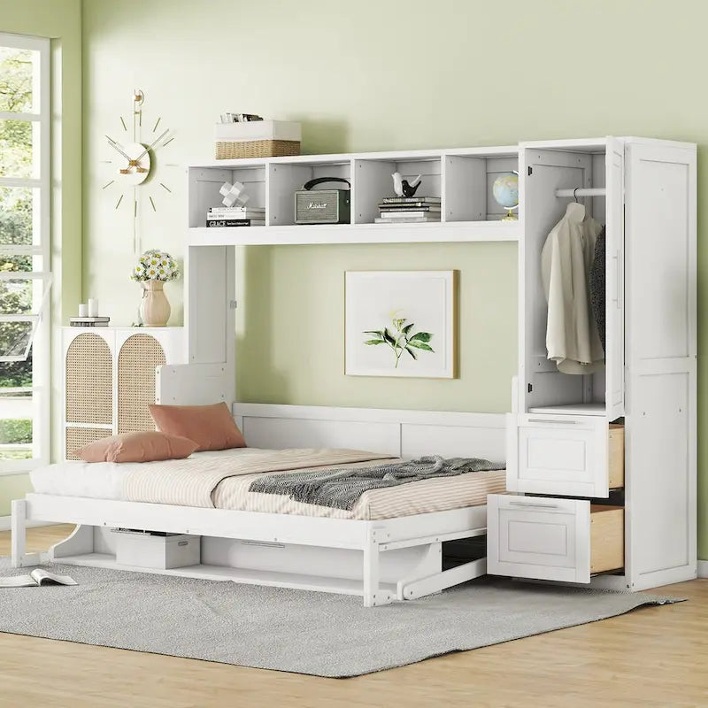 Lit mural escamotable pleine grandeur avec armoire et tiroirs, gris/blanc, enfants garçons et filles, 1 personne