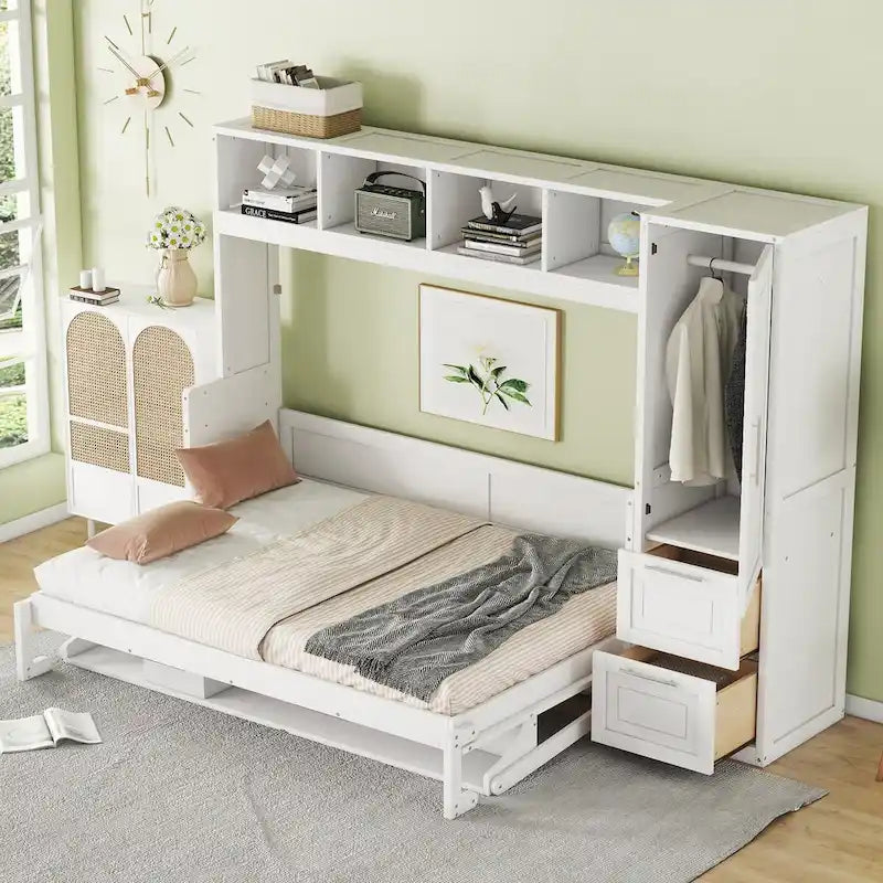Lit mural escamotable pleine grandeur avec armoire et tiroirs, gris/blanc, enfants garçons et filles, 1 personne