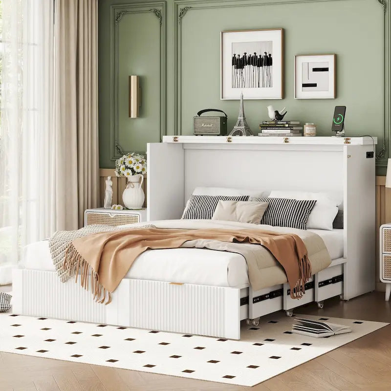 Lit escamotable mural pleine grandeur blanc/gris avec 2 tiroirs et ports USB, 1 place