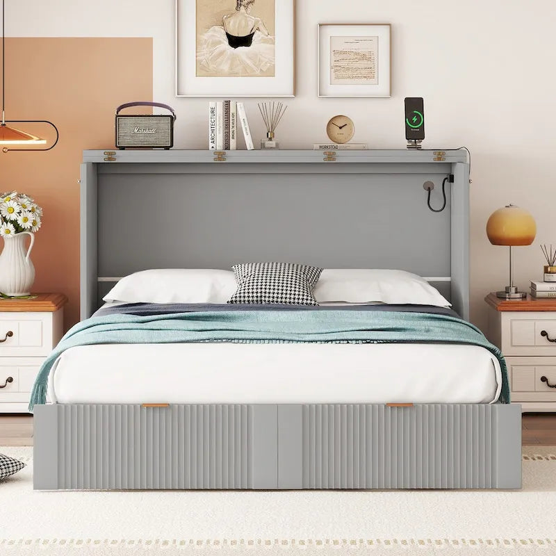 Lit escamotable mural pleine grandeur blanc/gris avec 2 tiroirs et ports USB, 1 place