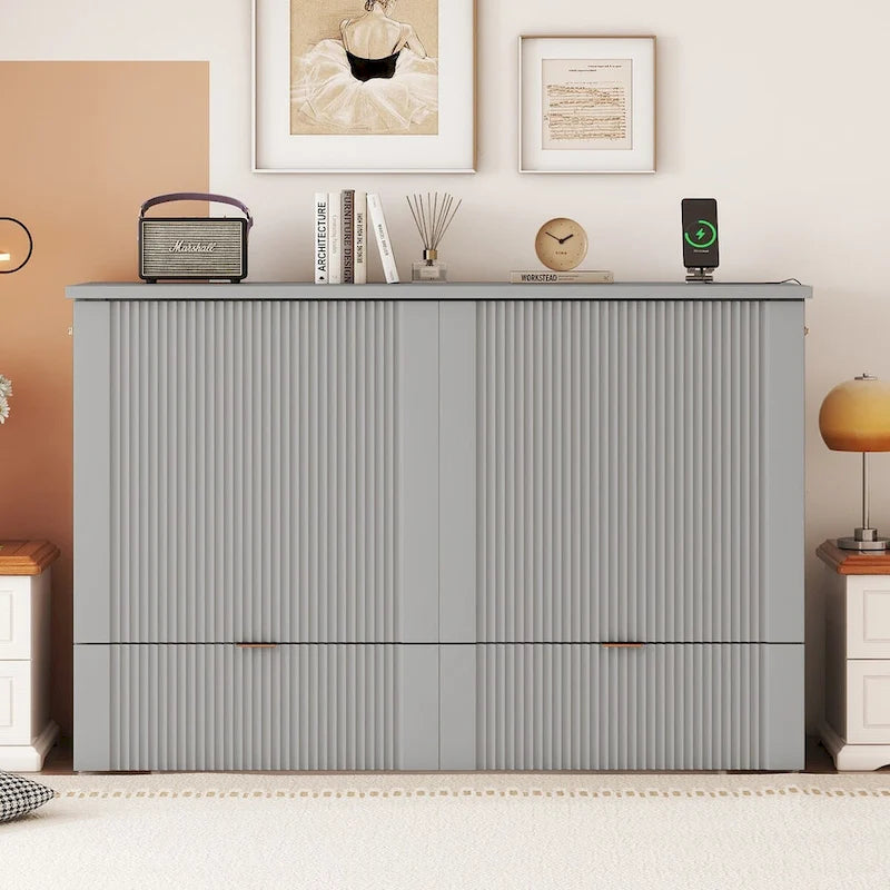 Lit escamotable mural pleine grandeur blanc/gris avec 2 tiroirs et ports USB, 1 place