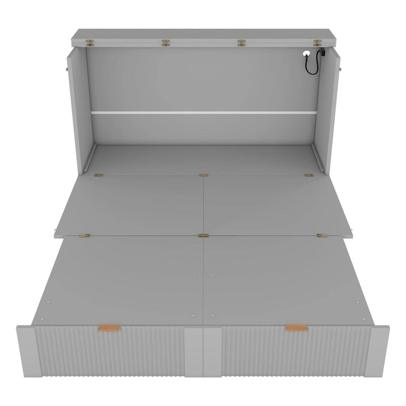 Lit escamotable mural pleine grandeur blanc/gris avec 2 tiroirs et ports USB, 1 place