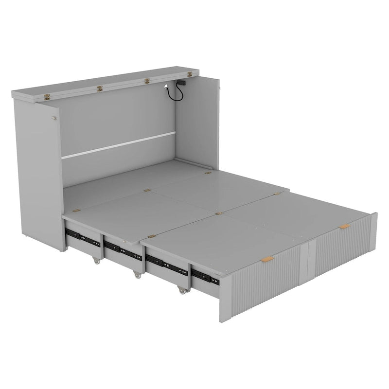 Lit escamotable mural pleine grandeur blanc/gris avec 2 tiroirs et ports USB, 1 place