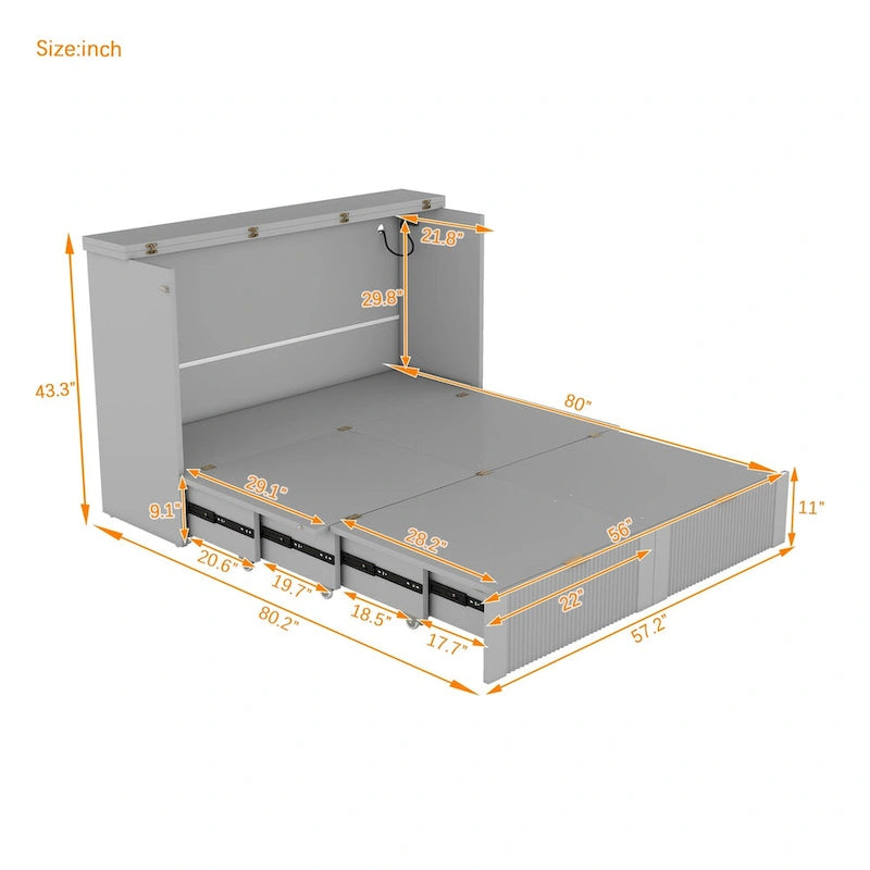 Lit escamotable mural pleine grandeur blanc/gris avec 2 tiroirs et ports USB, 1 place