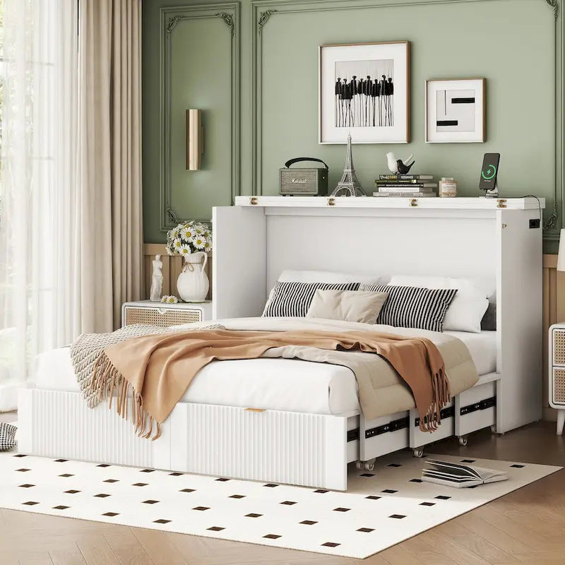 Lit escamotable mural pleine grandeur blanc/gris avec 2 tiroirs et ports USB, 1 place