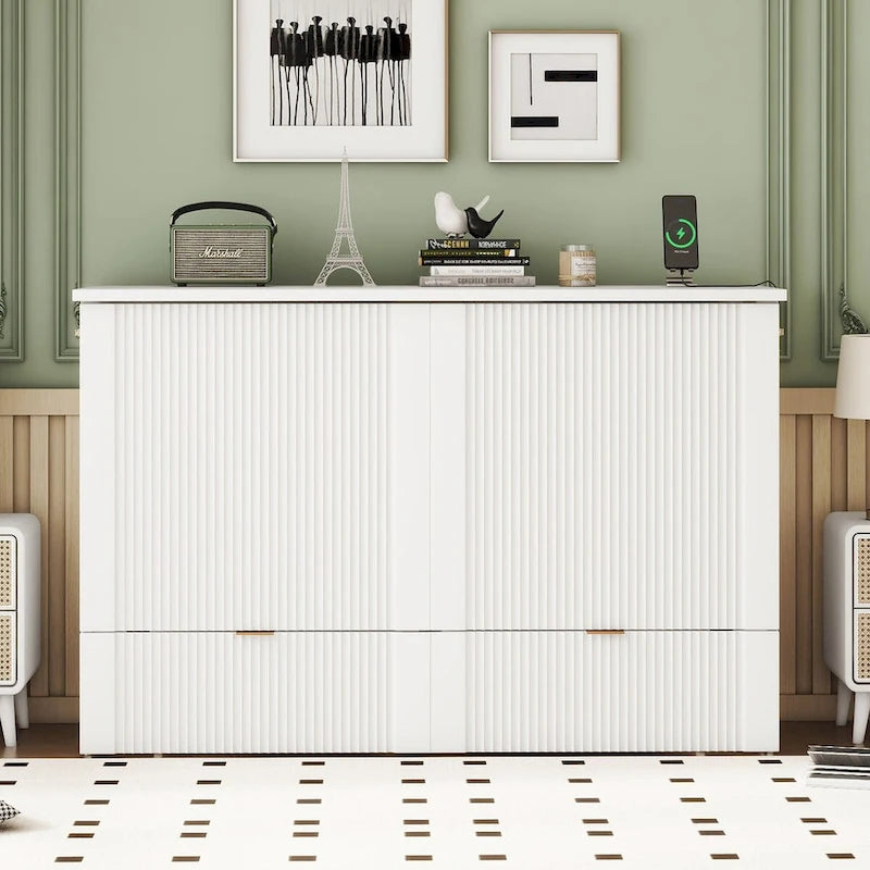 Lit escamotable mural pleine grandeur blanc/gris avec 2 tiroirs et ports USB, 1 place