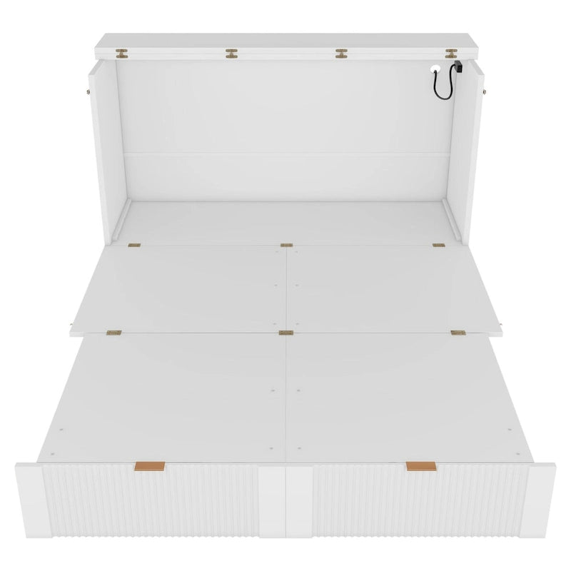 Lit escamotable mural pleine grandeur blanc/gris avec 2 tiroirs et ports USB, 1 place