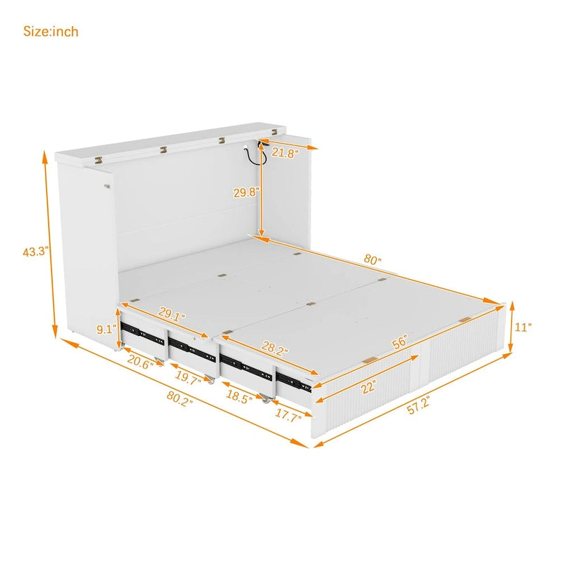 Lit escamotable mural pleine grandeur blanc/gris avec 2 tiroirs et ports USB, 1 place
