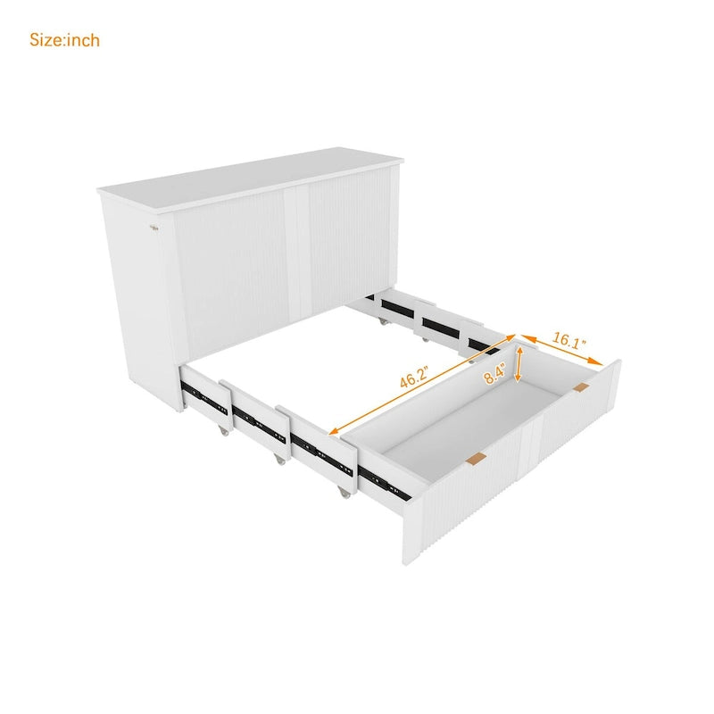Lit escamotable mural pleine grandeur blanc/gris avec 2 tiroirs et ports USB, 1 place