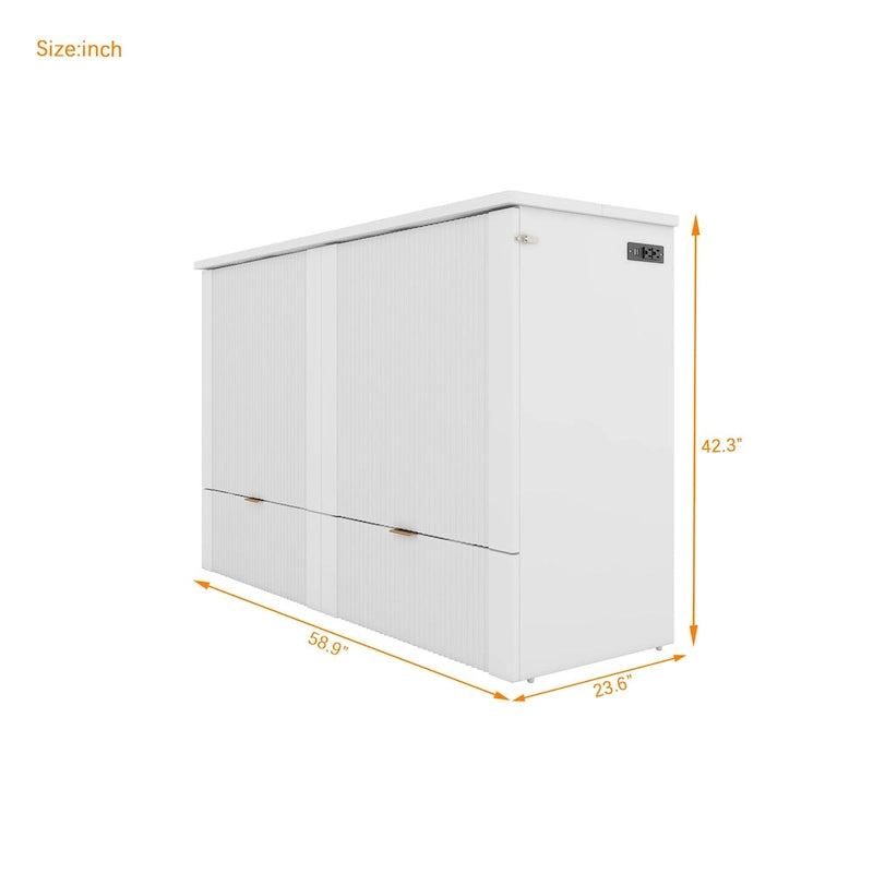 Lit escamotable mural pleine grandeur blanc/gris avec 2 tiroirs et ports USB, 1 place