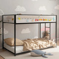Lit superposé noir double sur double avec barrière de sécurité en maille blanche, 2 couchages