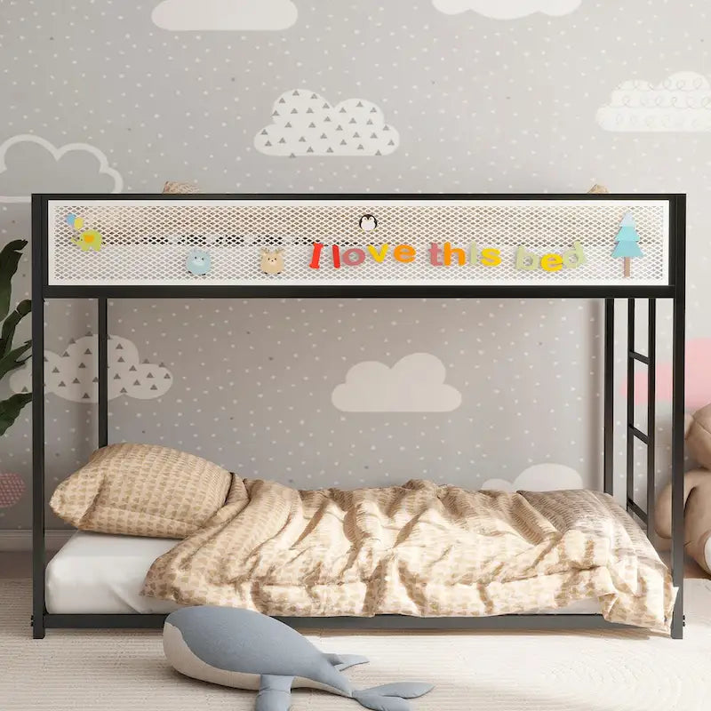 Lit superposé noir double sur double avec barrière de sécurité en maille blanche, 2 couchages