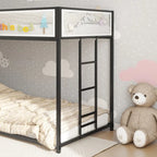 Lit superposé noir double sur double avec barrière de sécurité en maille blanche, 2 couchages