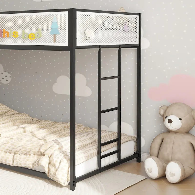 Lit superposé noir double sur double avec barrière de sécurité en maille blanche, 2 couchages
