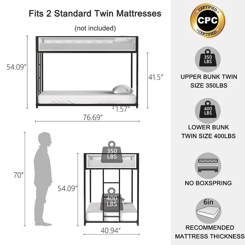 Lit superposé noir double sur double avec barrière de sécurité en maille blanche, 2 couchages