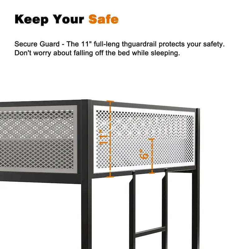 Lit superposé noir double sur double avec barrière de sécurité en maille blanche, 2 couchages