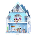 Maison de poupée en bois bleue à 3 étages avec meubles et poupées, 1 joueur