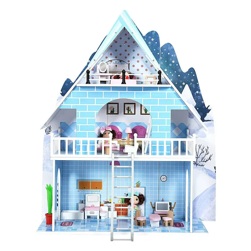 SUGIFT Wooden Dollhouse 3-Story Pretend Playset with Furniture and Doll Gift for Age 3+ Year