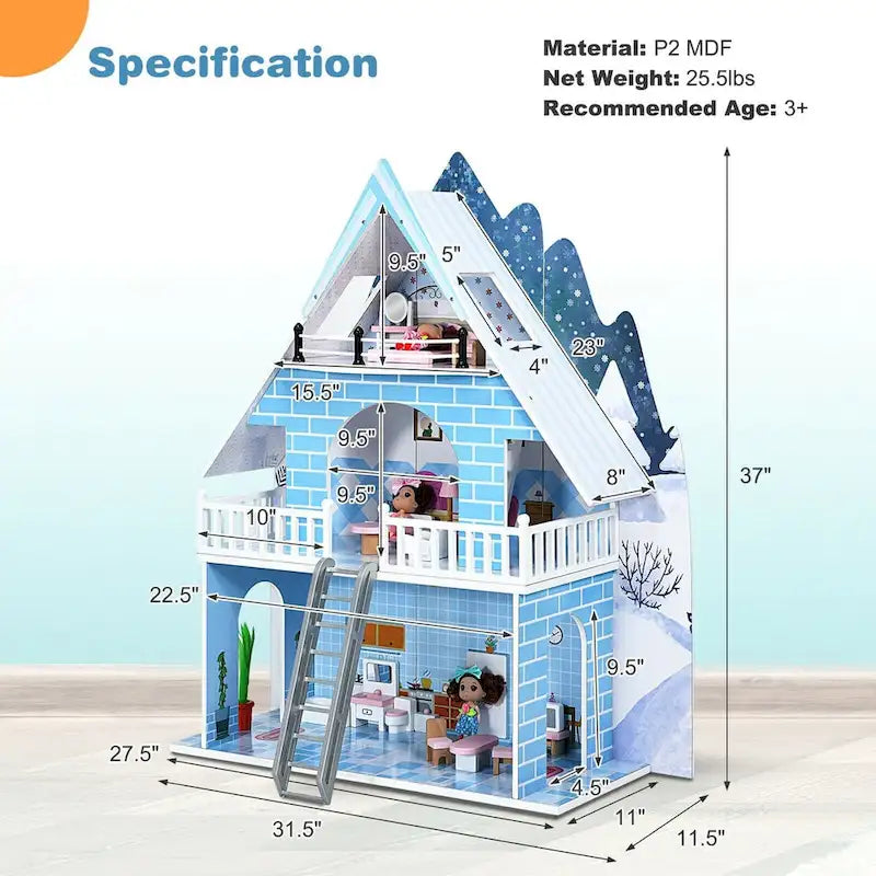 Maison de poupée en bois bleue à 3 étages avec meubles et poupées, 1 joueur