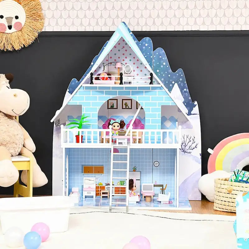 Maison de poupée en bois bleue à 3 étages avec meubles et poupées, 1 joueur