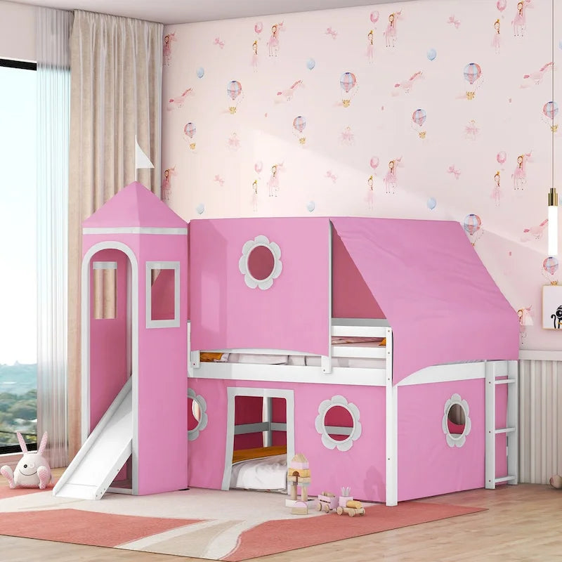 Wooden Bunk Bed with Slide Tent and Tower