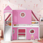 Lit superposé simple rose pour enfants avec toboggan, tente et tour, 1 place