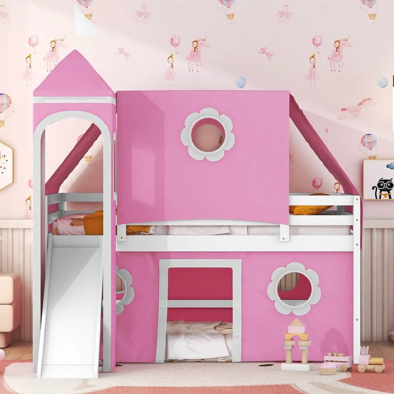Lit superposé simple rose pour enfants avec toboggan, tente et tour, 1 place