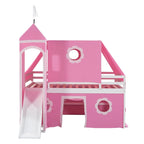 Lit superposé simple rose pour enfants avec toboggan, tente et tour, 1 place