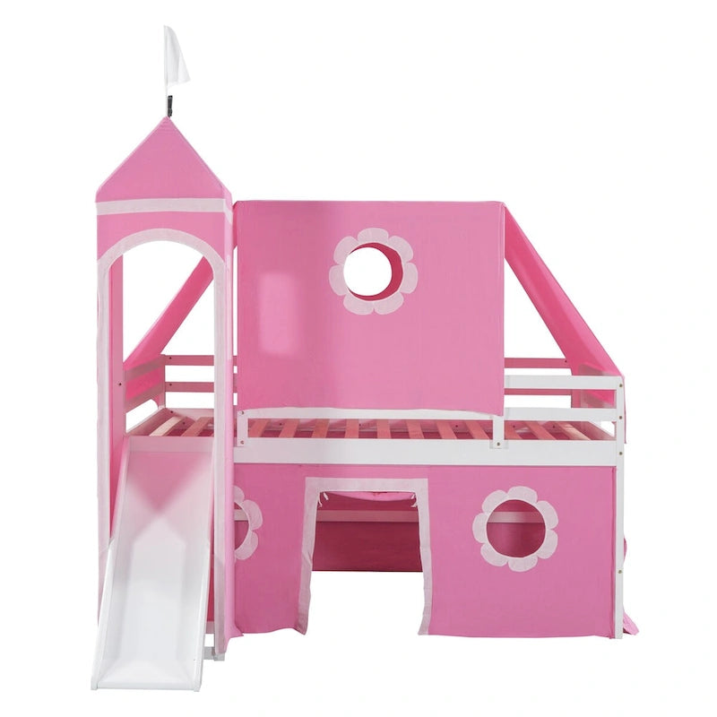 Lit superposé simple rose pour enfants avec toboggan, tente et tour, 1 place