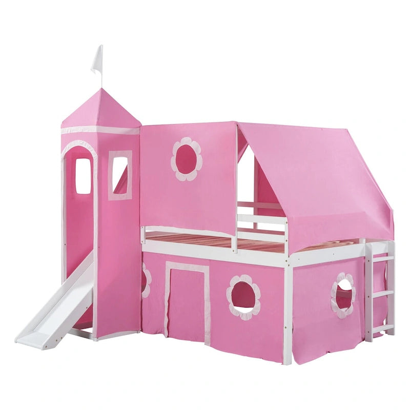 Lit superposé simple rose pour enfants avec toboggan, tente et tour, 1 place