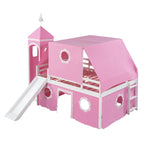 Lit superposé simple rose pour enfants avec toboggan, tente et tour, 1 place