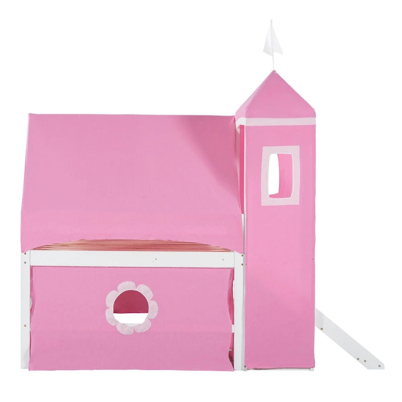 Lit superposé simple rose pour enfants avec toboggan, tente et tour, 1 place