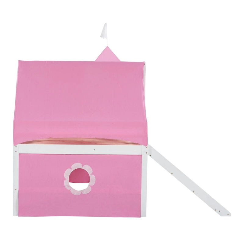 Lit superposé simple rose pour enfants avec toboggan, tente et tour, 1 place