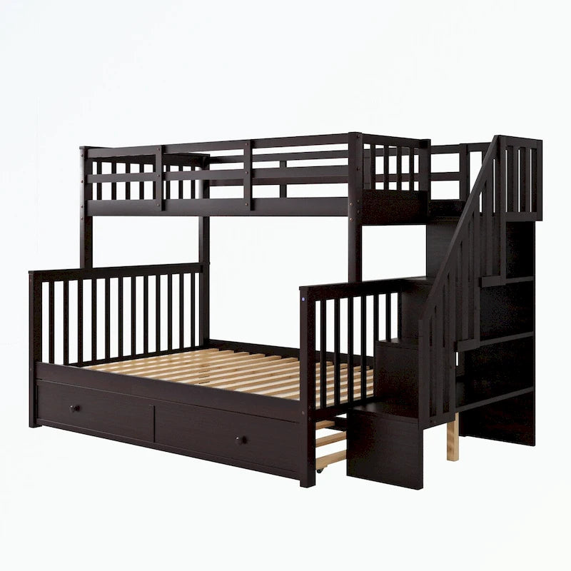 Lit superposé avec escalier espresso/vert/blanc, lits jumeaux superposés avec lit gigogne, 3 couchages