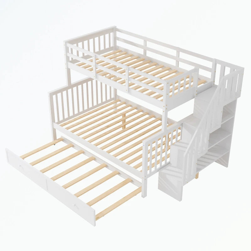 Lit superposé avec escalier espresso/vert/blanc, lits jumeaux superposés avec lit gigogne, 3 couchages