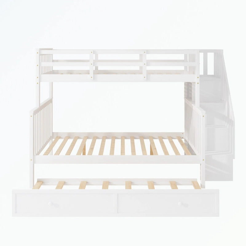 Lit superposé avec escalier espresso/vert/blanc, lits jumeaux superposés avec lit gigogne, 3 couchages