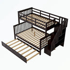 Lit superposé avec escalier espresso/vert/blanc, lits jumeaux superposés avec lit gigogne, 3 couchages