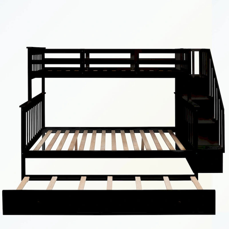 Lit superposé avec escalier espresso/vert/blanc, lits jumeaux superposés avec lit gigogne, 3 couchages