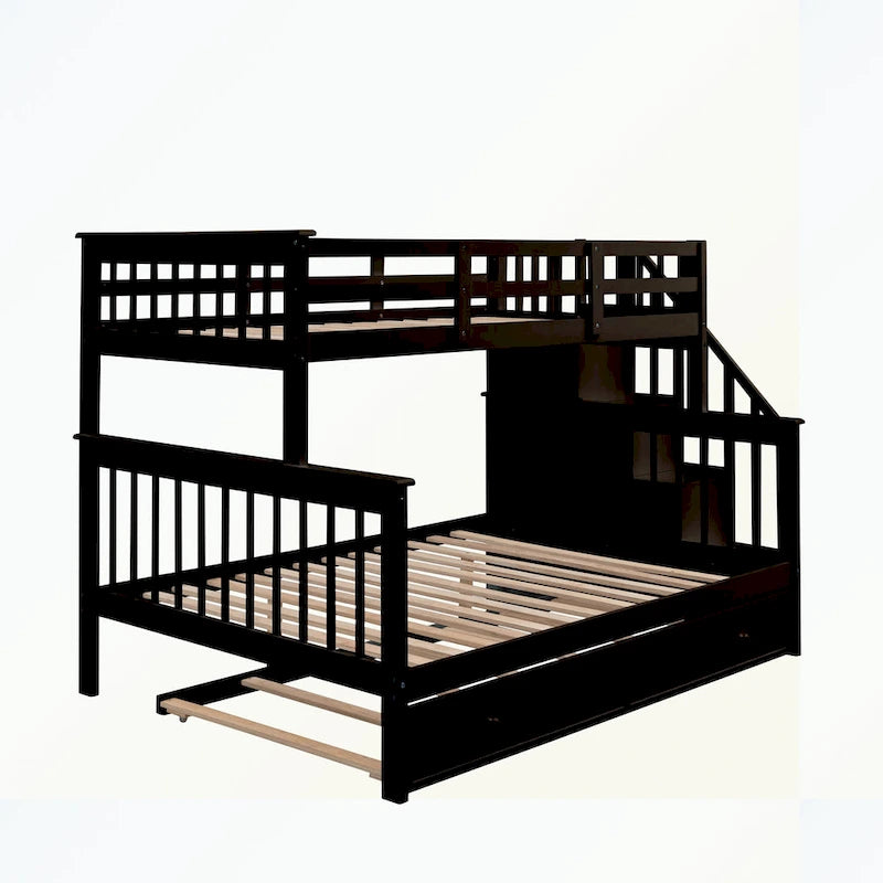 Lit superposé avec escalier espresso/vert/blanc, lits jumeaux superposés avec lit gigogne, 3 couchages