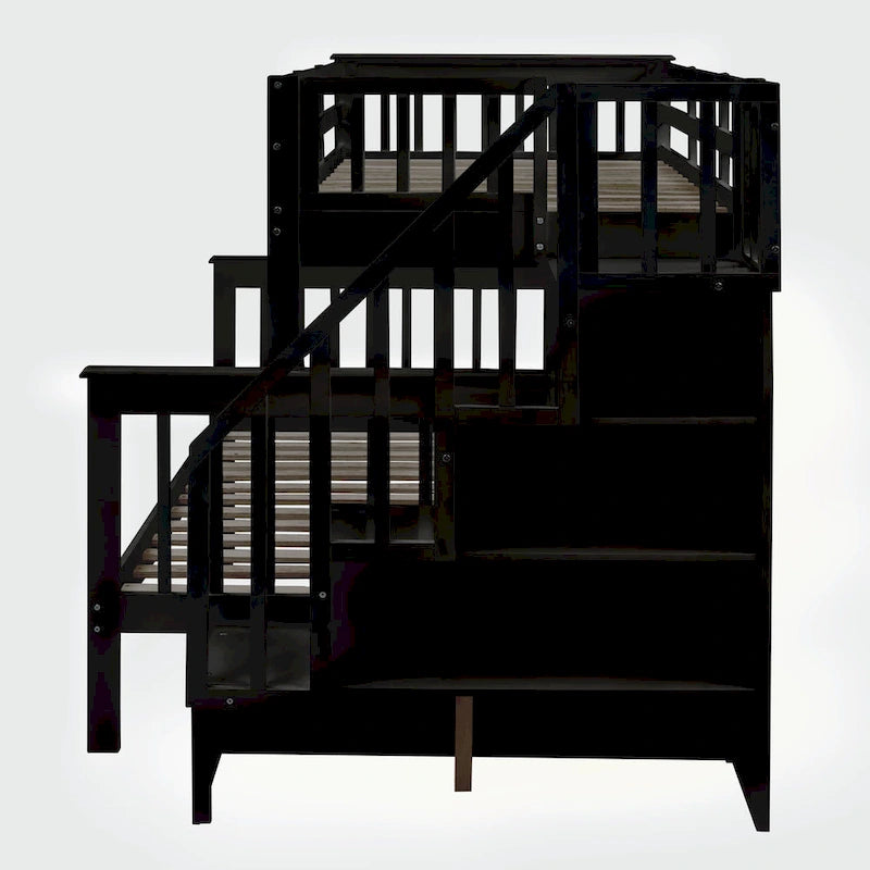 Lit superposé avec escalier espresso/vert/blanc, lits jumeaux superposés avec lit gigogne, 3 couchages