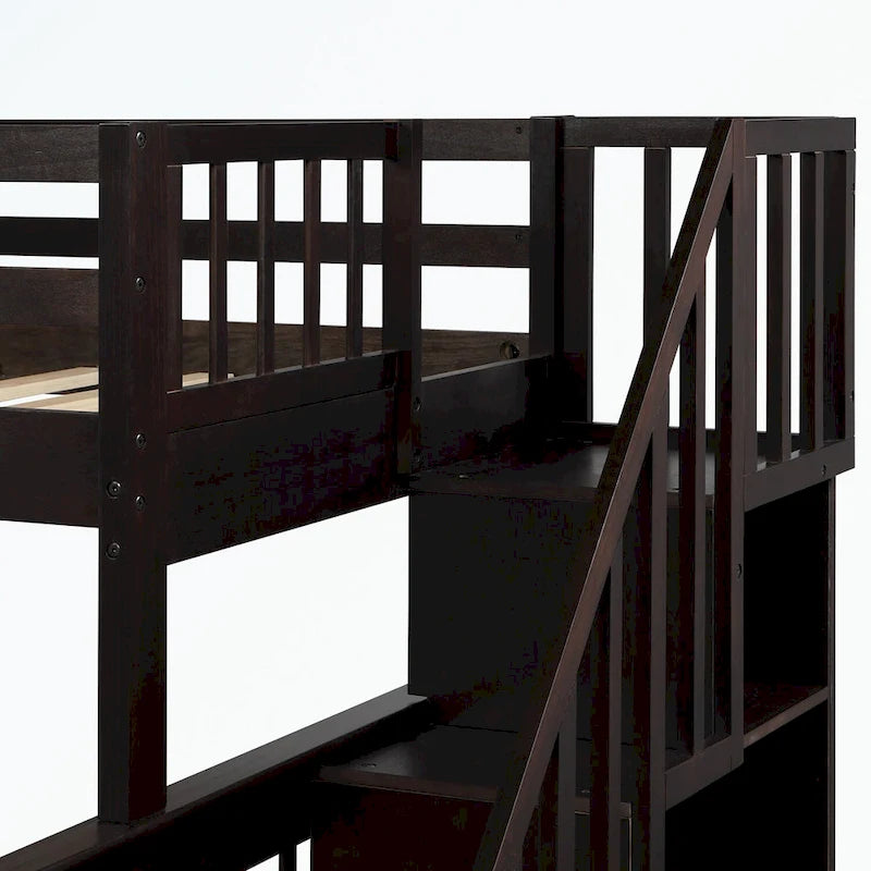 Lit superposé avec escalier espresso/vert/blanc, lits jumeaux superposés avec lit gigogne, 3 couchages
