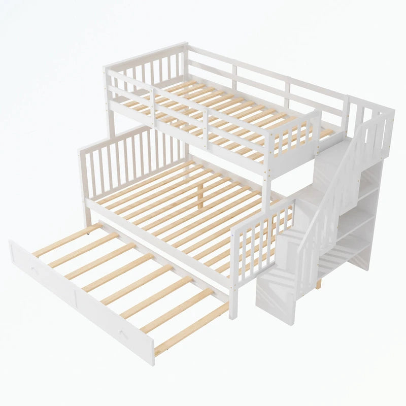 Lit superposé avec escalier espresso/vert/blanc, lits jumeaux superposés avec lit gigogne, 3 couchages