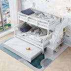 Lit superposé avec escalier espresso/vert/blanc, lits jumeaux superposés avec lit gigogne, 3 couchages