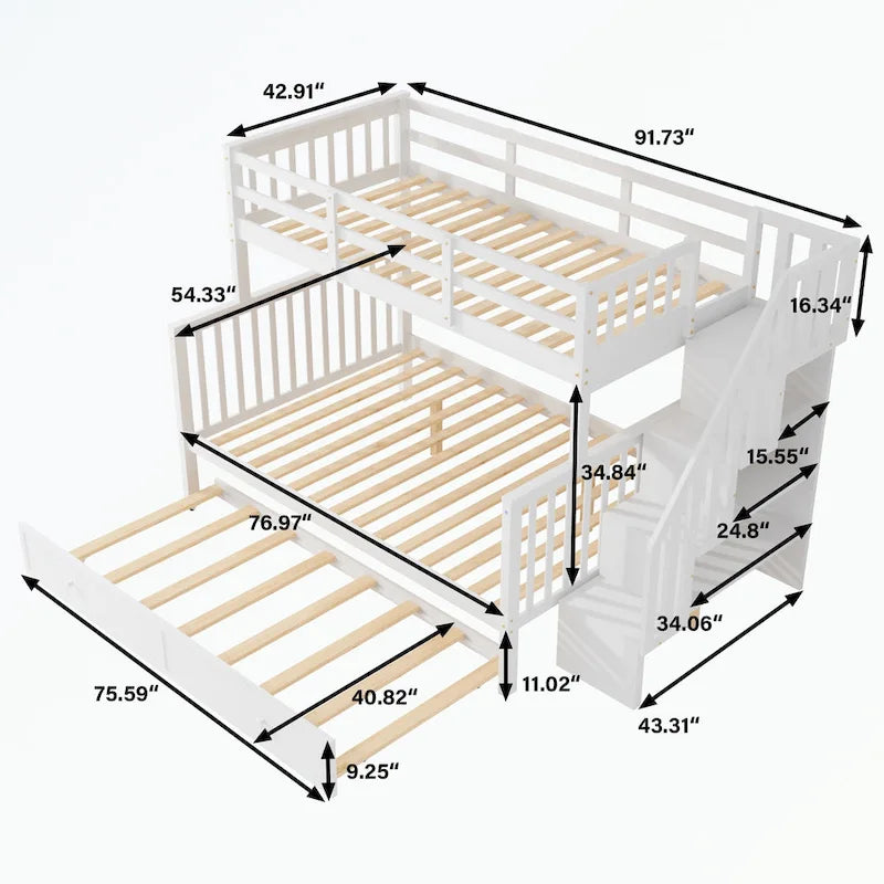 Lit superposé avec escalier espresso/vert/blanc, lits jumeaux superposés avec lit gigogne, 3 couchages