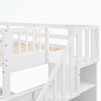 Lit superposé avec escalier espresso/vert/blanc, lits jumeaux superposés avec lit gigogne, 3 couchages